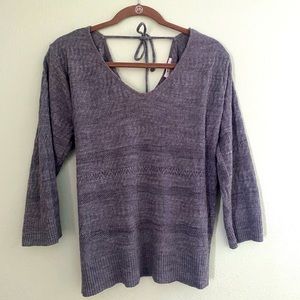 Women’s Large Gray Crochet V-neck Sweater with Tie Back